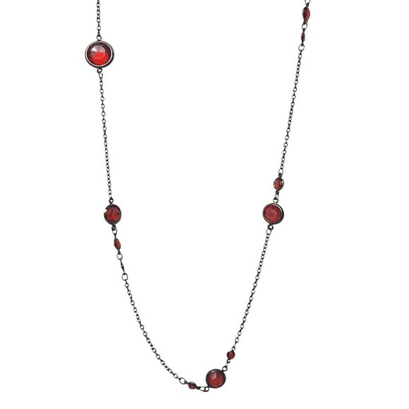 Red Glass Stone Station Necklace Blackened Metal Chain Boho Costume Jewelry - Picture 1 of 4